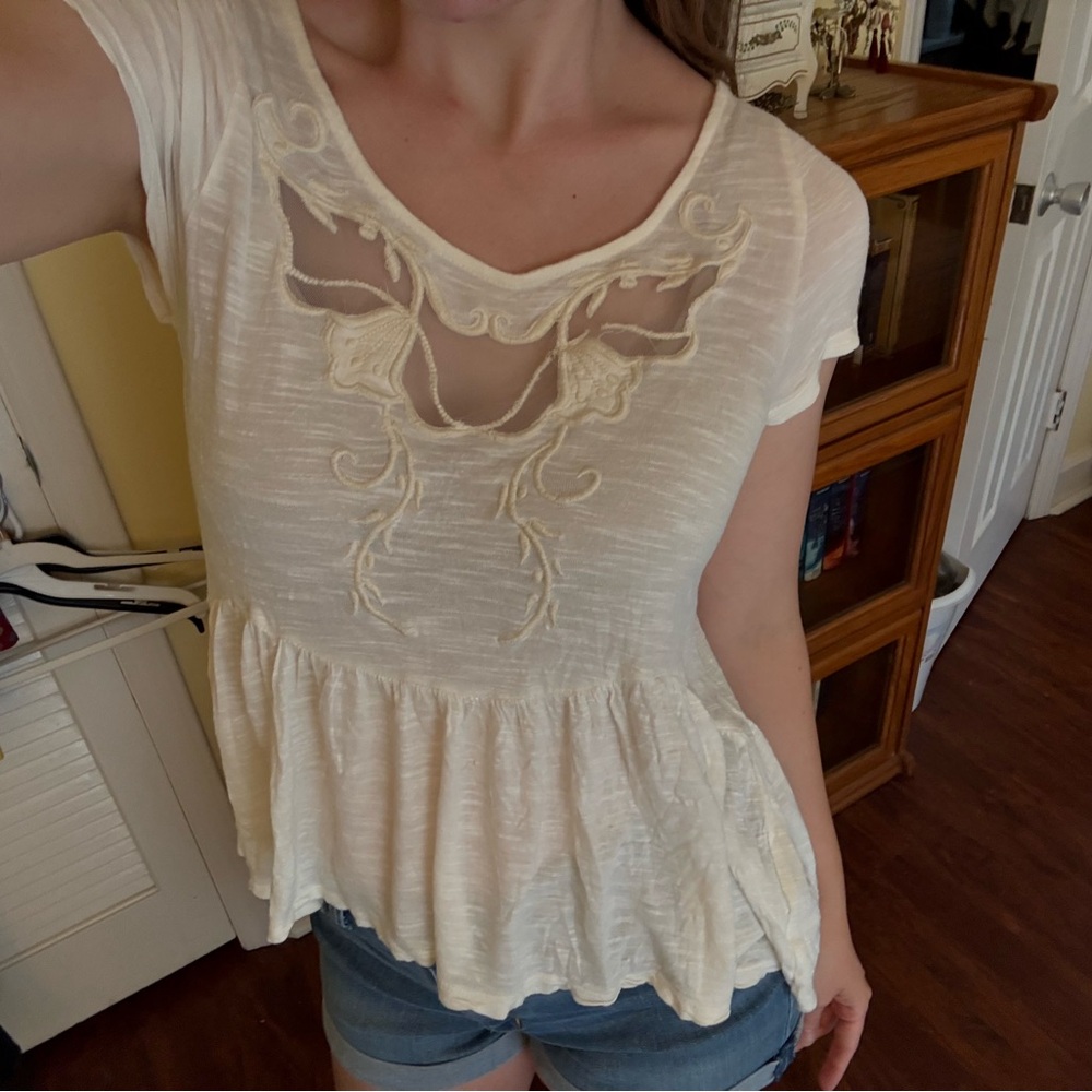 Free People peplum embroidered lace detail short sleeve top